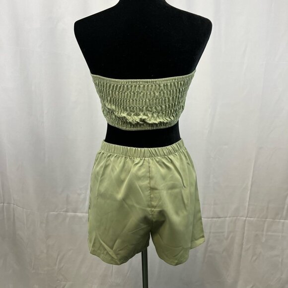 Shein Womens 3 Piece Outfit Set Green 3/4 Sleeve Open Front Smocked Satin XS - Picture 3 of 10